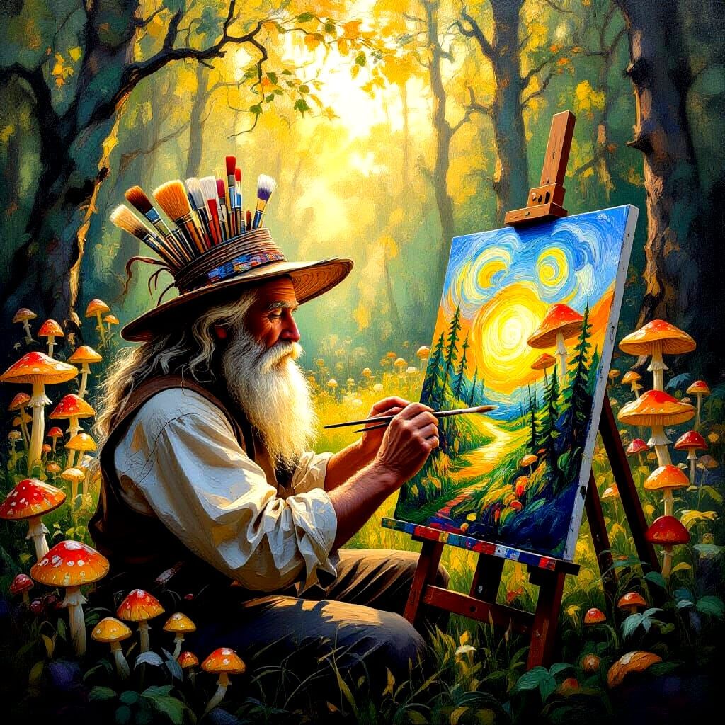 Impasto Oil Painting of Artist Painting Dreamscape in Magica...