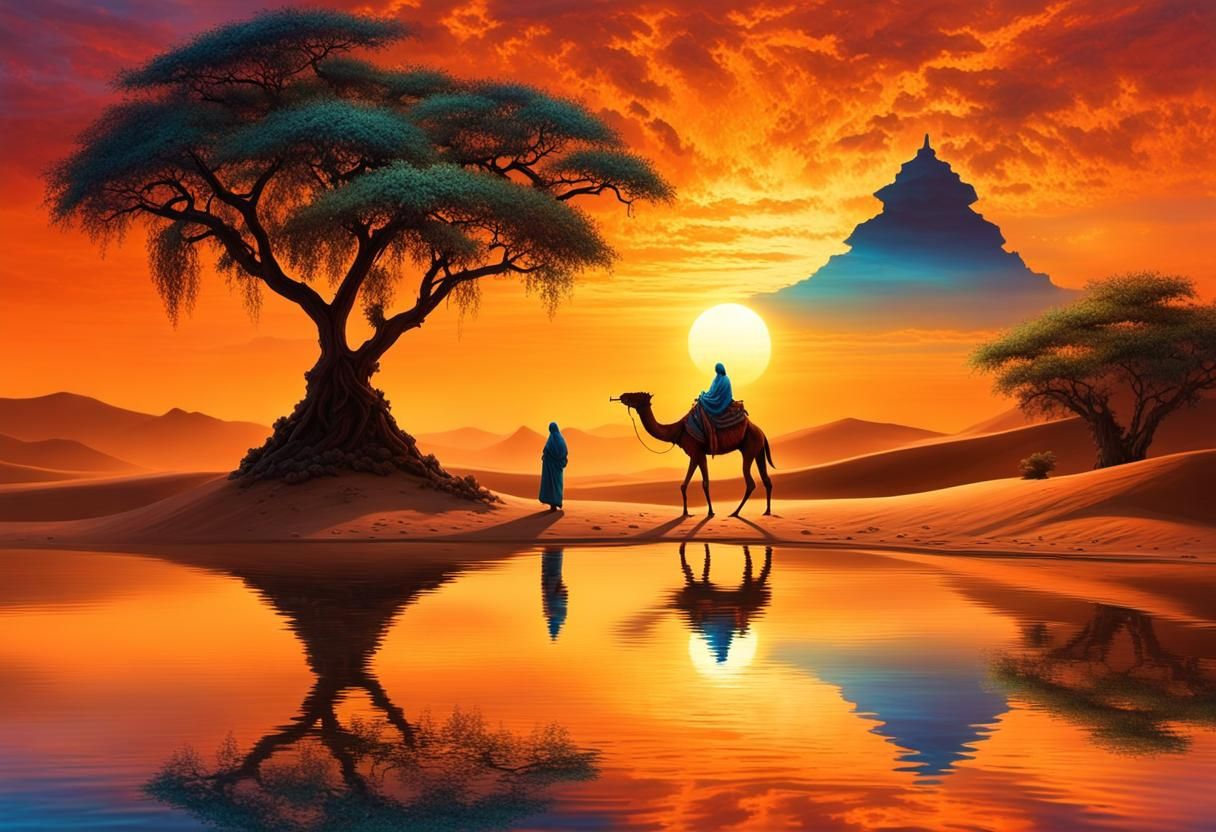 African Nomad and Camel at Desert Oasis