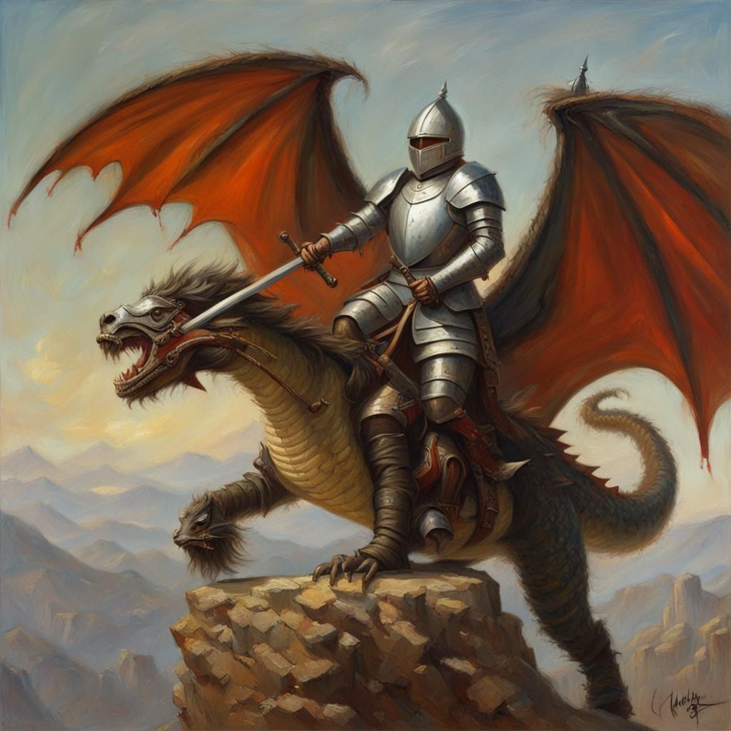 Knight Astride Dragon, Oil Painting Style