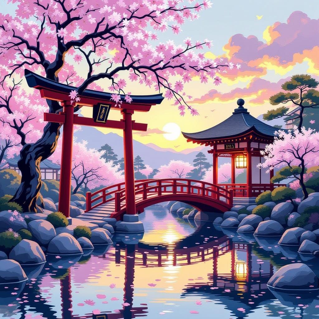 Serene Japanese Temple and Torii Gate Under Sakura