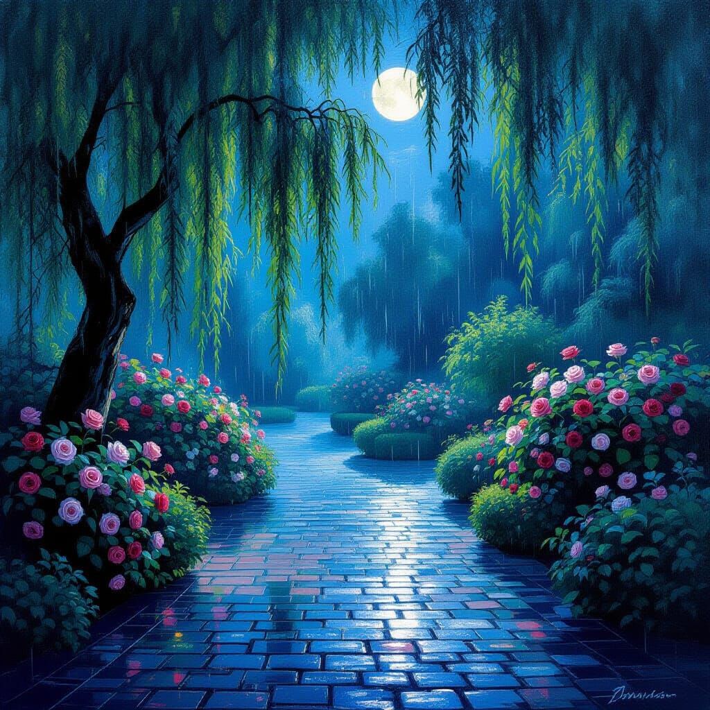 Moonlit Garden in Gentle Rain - Impressionistic Oil Painting