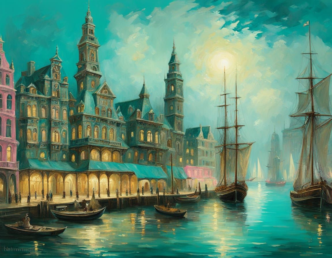 Victorian Harbor Oil Painting with Sailing Ships