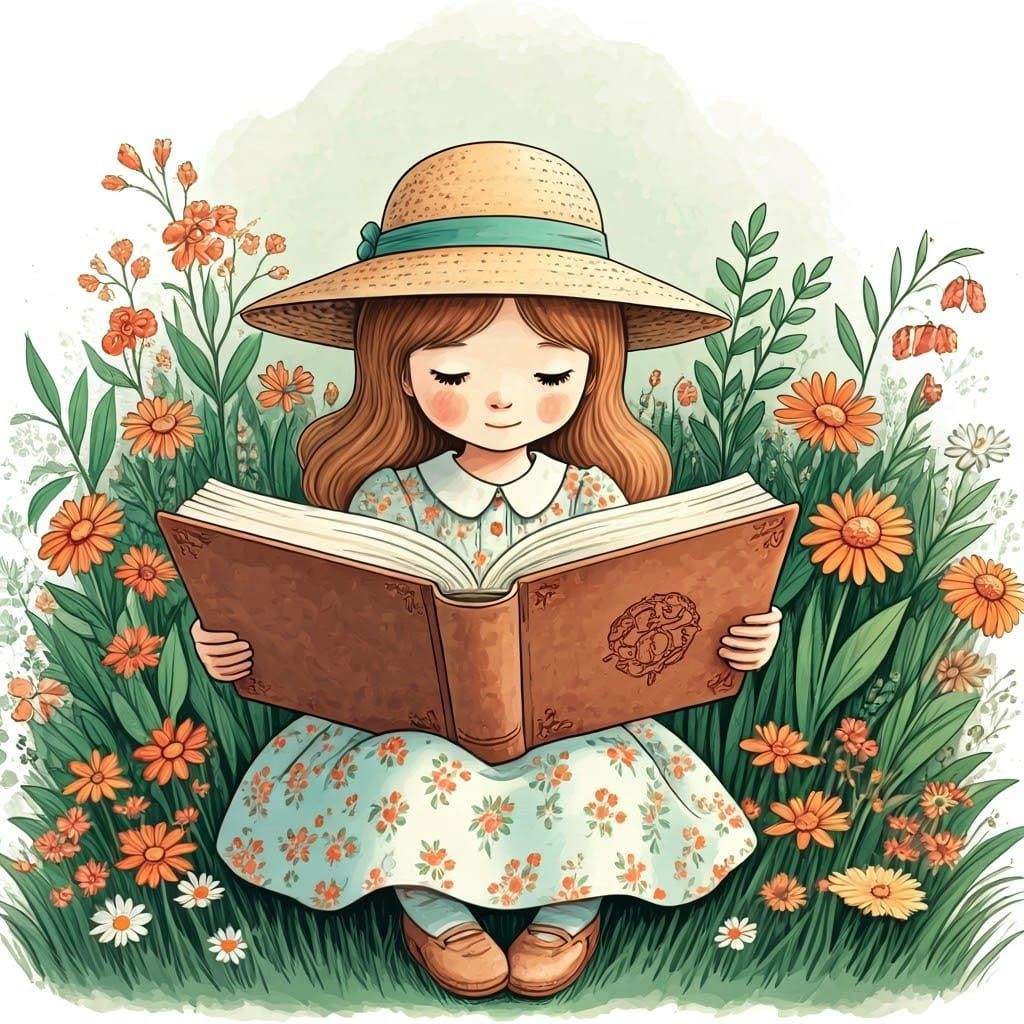 Little Girl Reads in Whimsical Garden