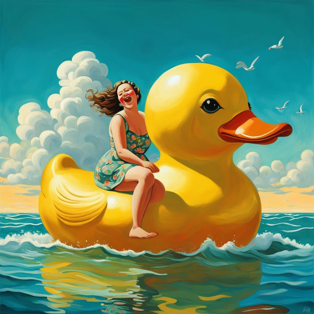 A funny fat woman rides a giant rubber duck floating in the ...