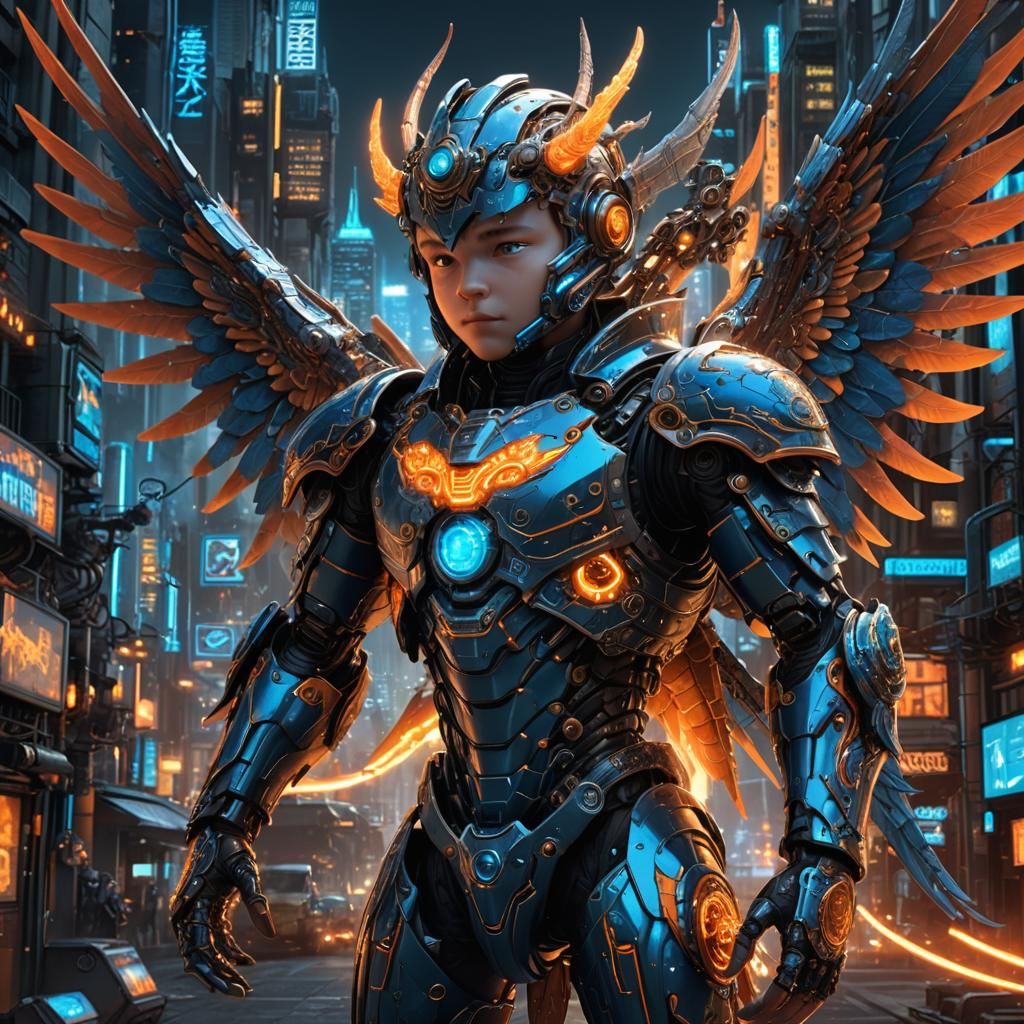 Cyberwarrior Cherub vs Robotic Dragon in Cyberpunk Style