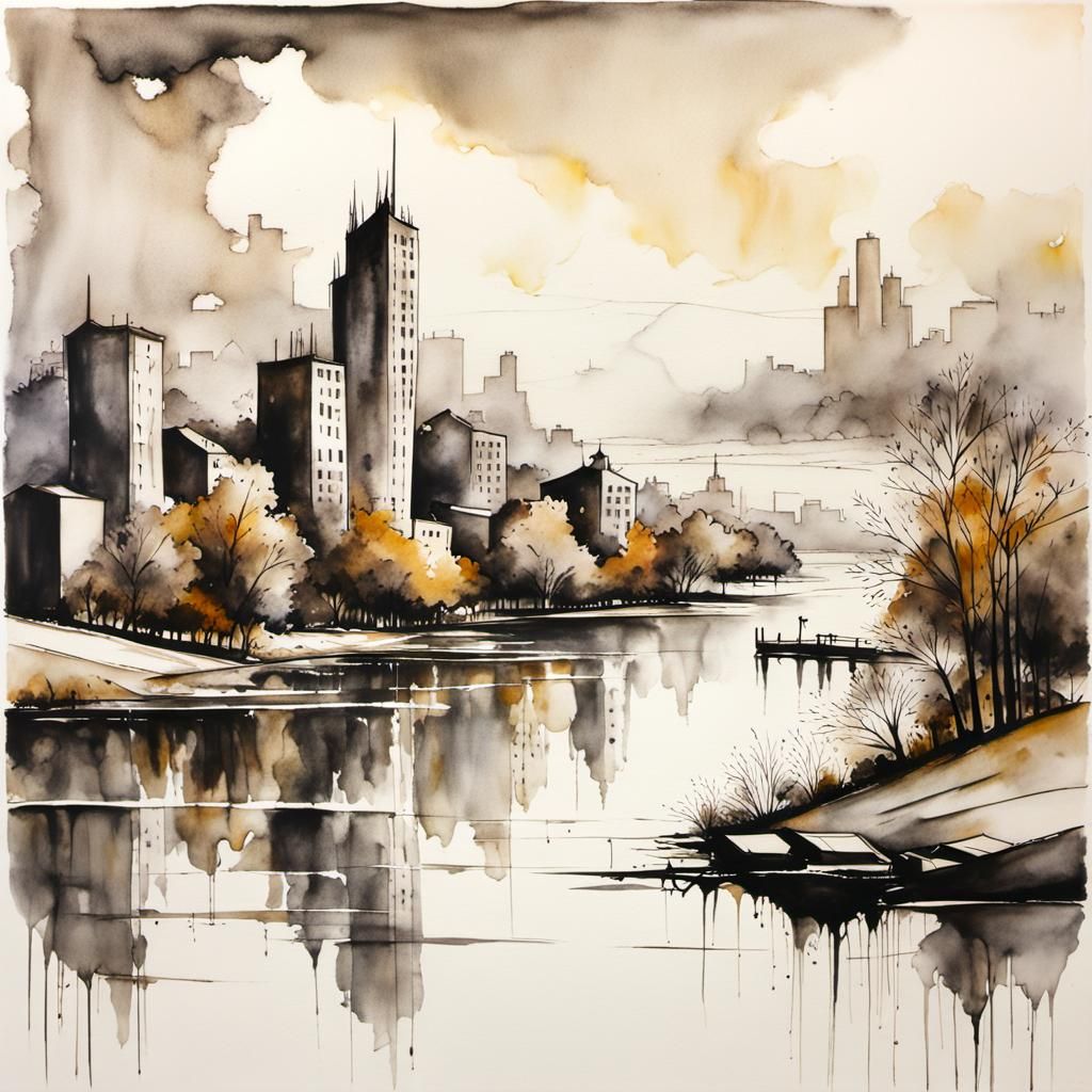 Asymmetrical Urban Landscape in Encaustic Ink Wash