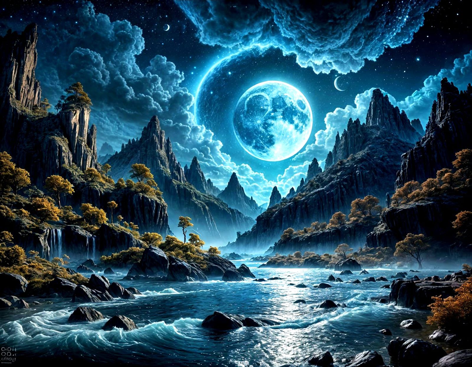 Moon Made of Water in a Milky Way River Scene