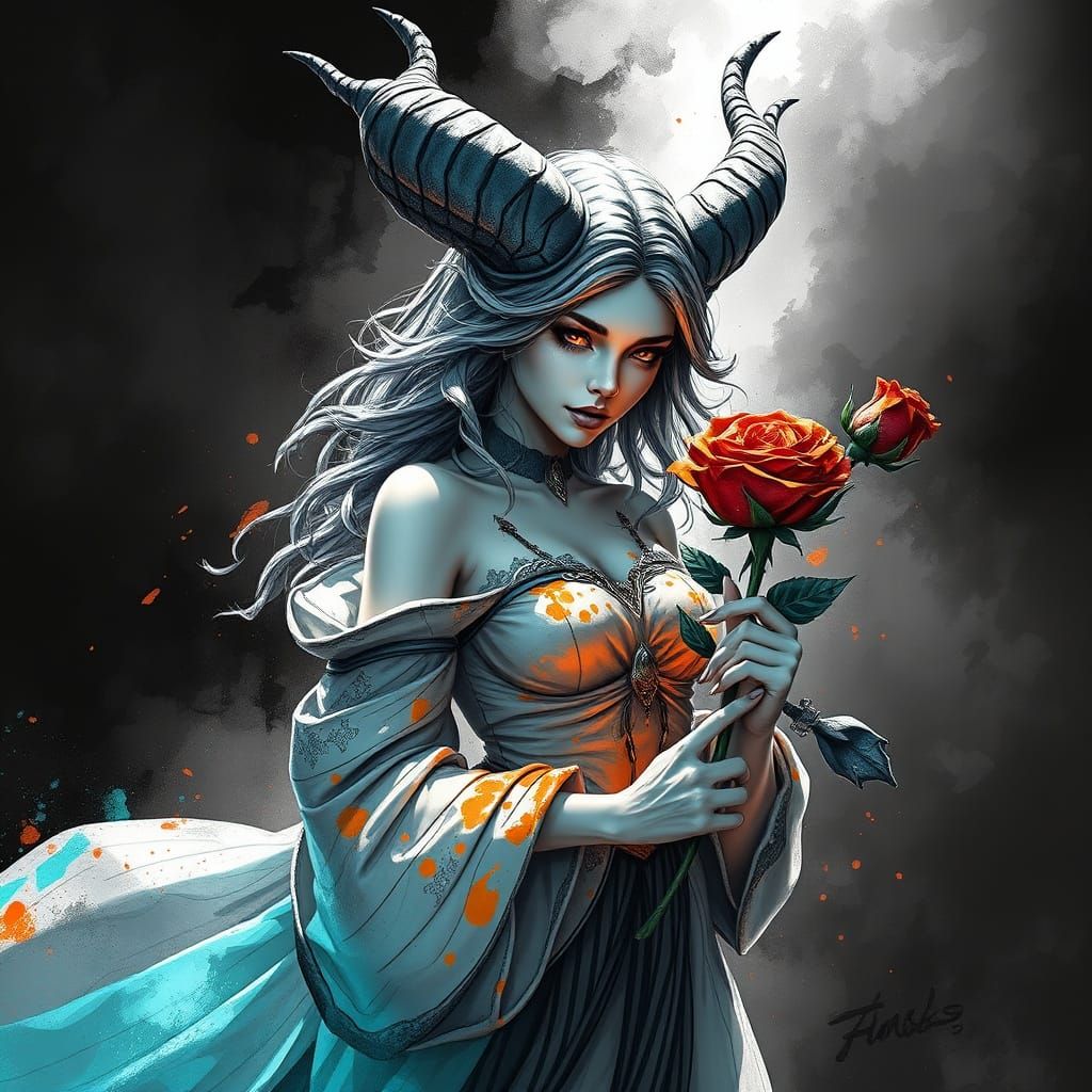 Enchanting Demoness in Black and White Line Art