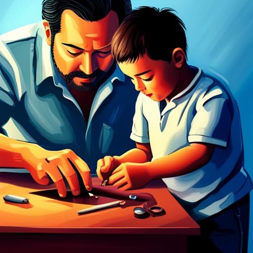 Father and Son Repairing Object in Hyperrealistic Style