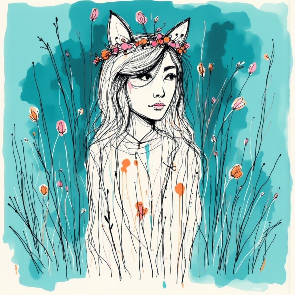 Bored Princess in Swamp Landscape, Minimalist Scribbles Styl...