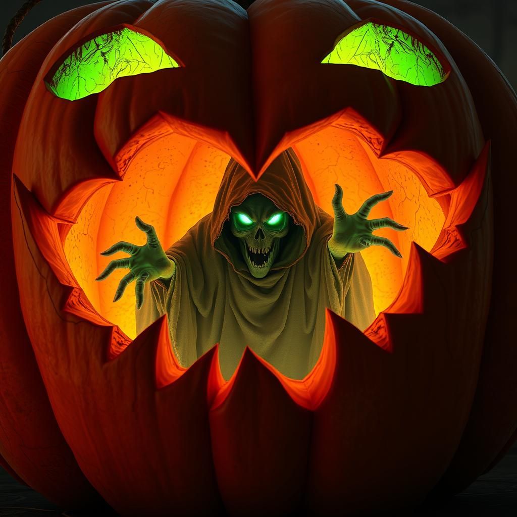 Ghostly Figure in Ornate Halloween Pumpkin
