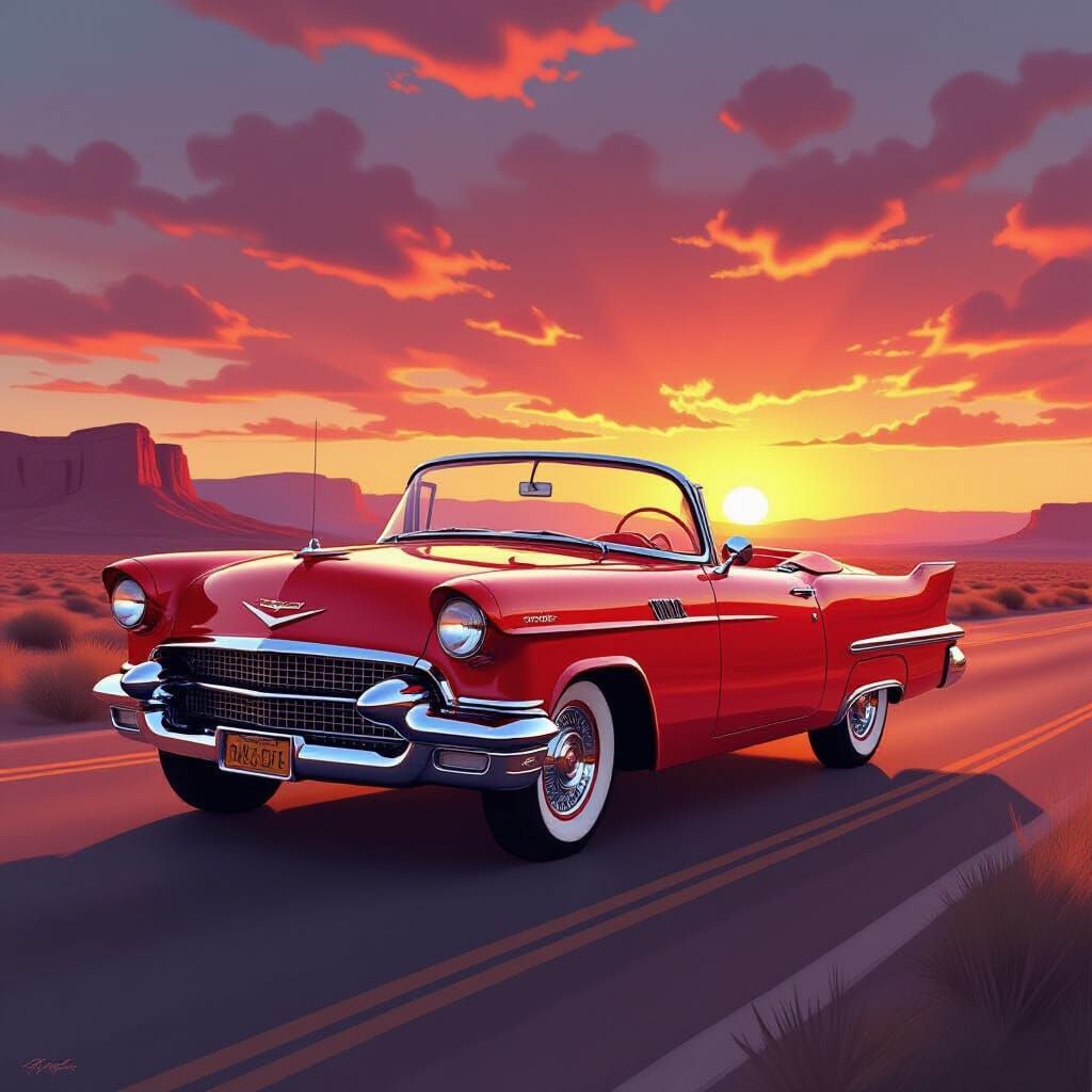 Cadillac Eldorado on Route 66 at Sunset