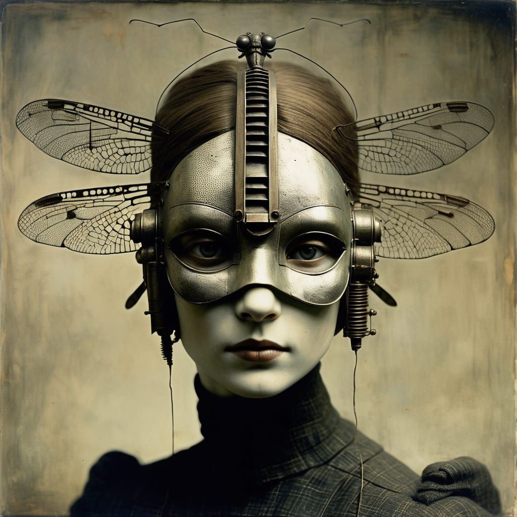 Surreal Dragonfly Mask Sculpture in Charcoal