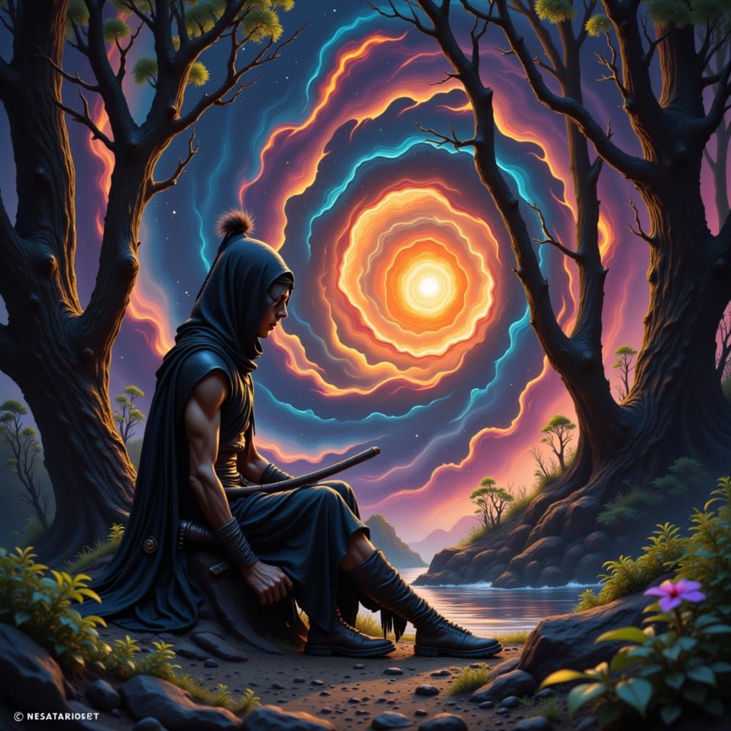 Warrior Resting in Forest with Vortex Background