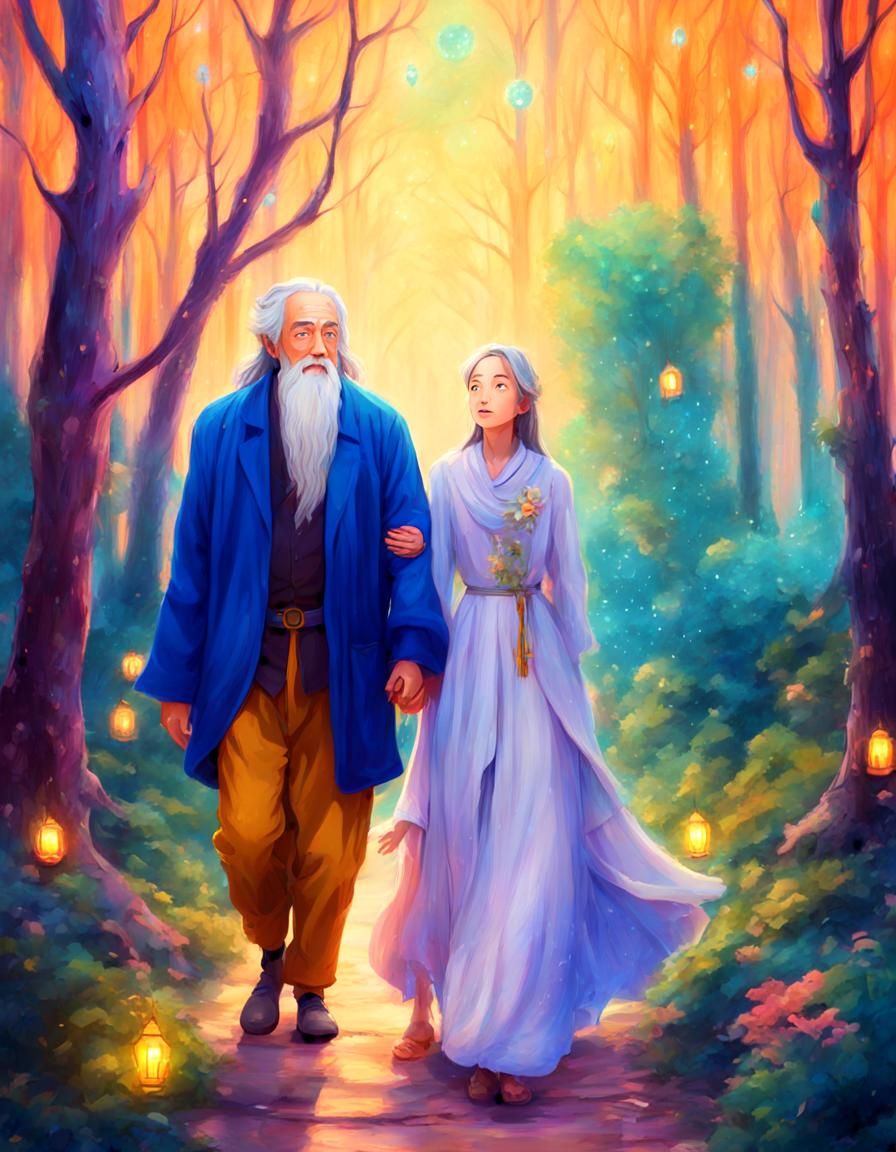 Enchanted Forest: Anime Wizard Couple in Neon Light