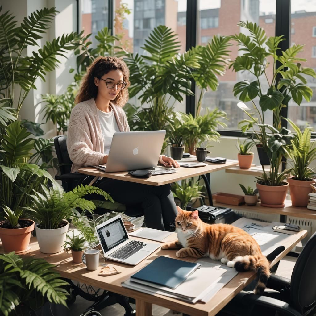 Cozy Home Office with Laptop, Cat and Ferns
