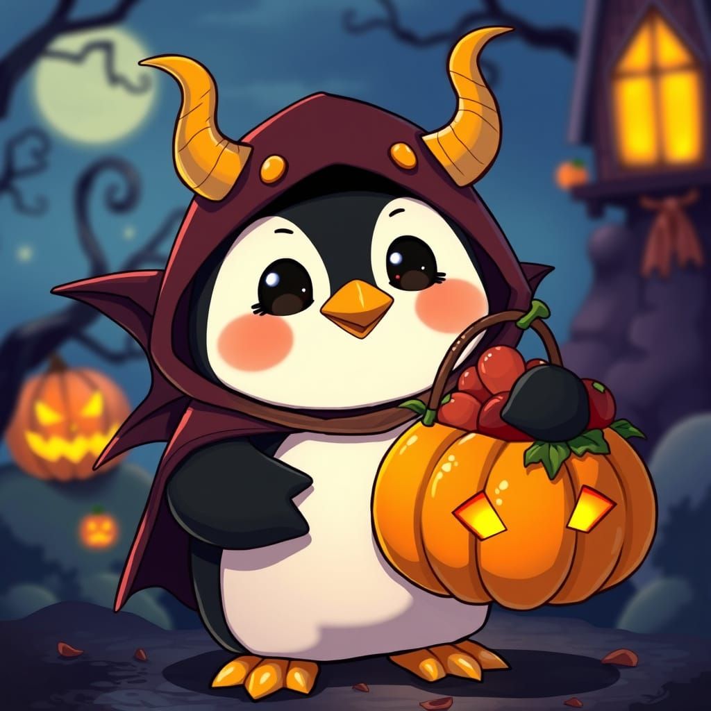 Penguin in Demonic Halloween Costume with Pumpkin Basket
