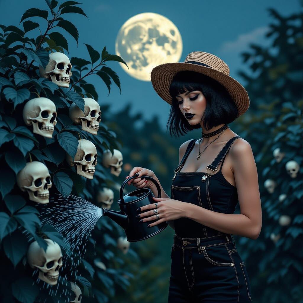 Gothic Woman Waters Skull Fruit in Dark Garden