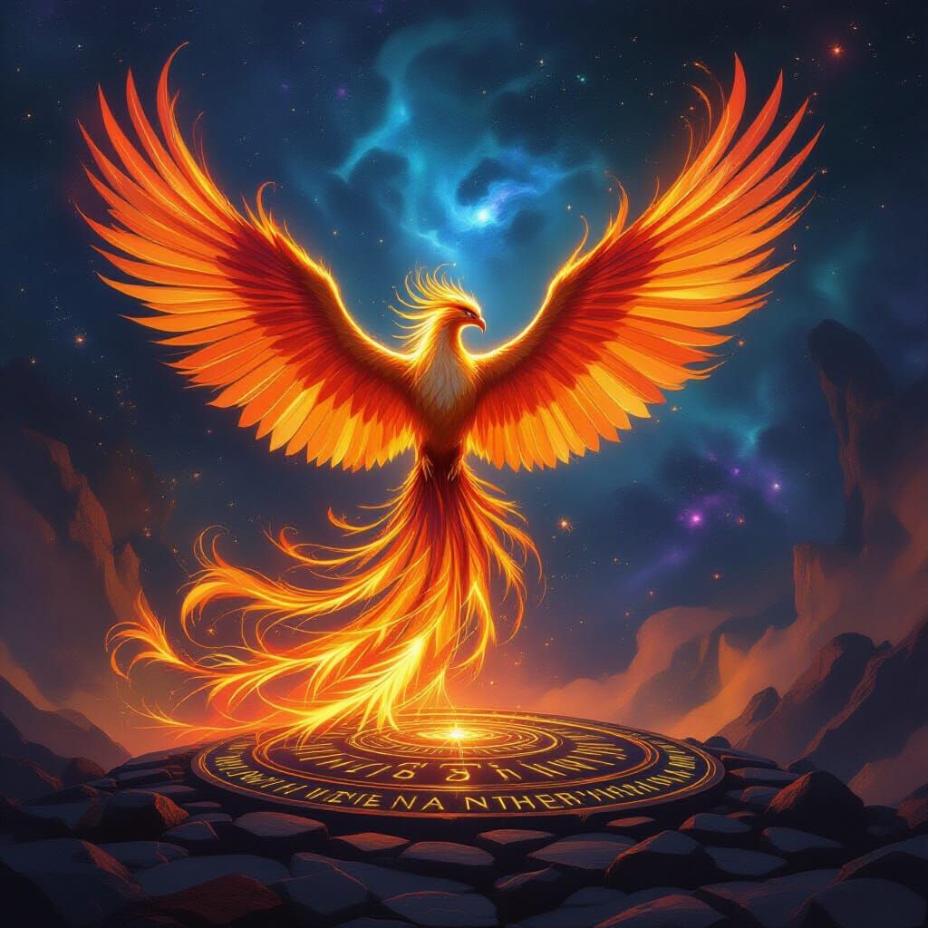 Majestic Phoenix Ascends Amidst Fiery Runes and Cosmic Nebul...