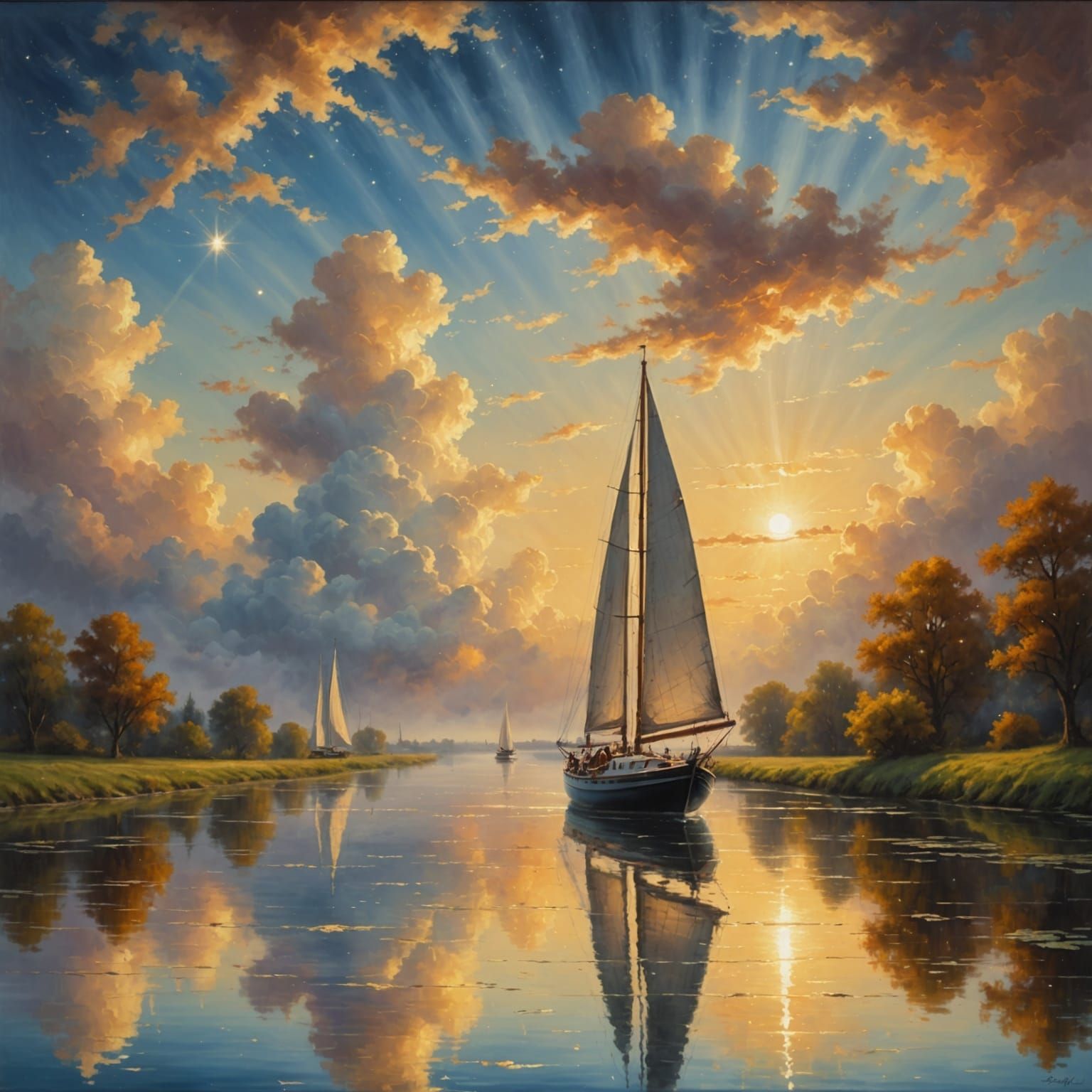 Surreal Sailboat Glides across a Celestial Cloud Canal in Ne...