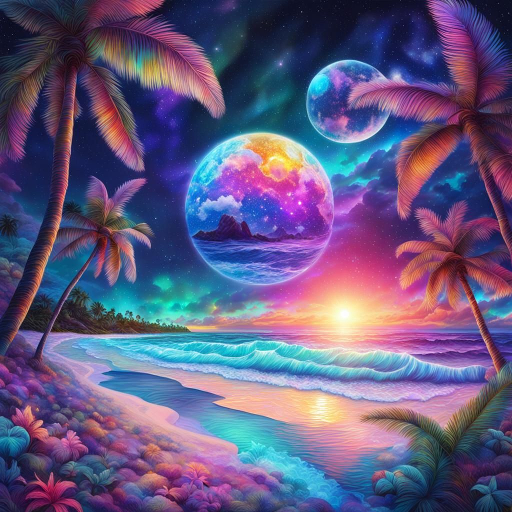 Cosmic Tropical Beach Illustration in 8K Resolution
