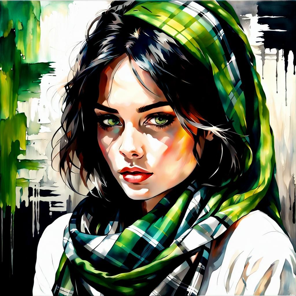 Gorgeous Girl in Tartan Scarf: Oil Painting Style