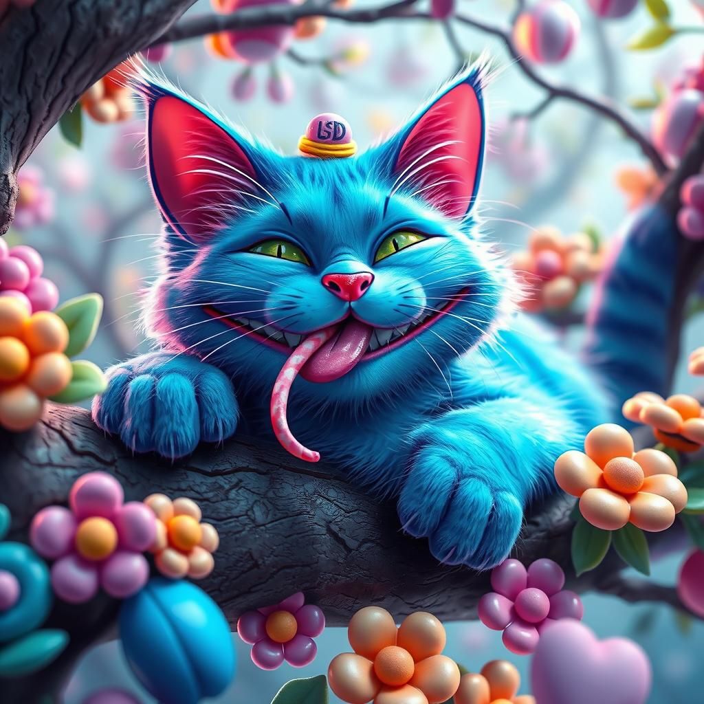 Electric Blue Cheshire Cat in Dreamlike Landscape