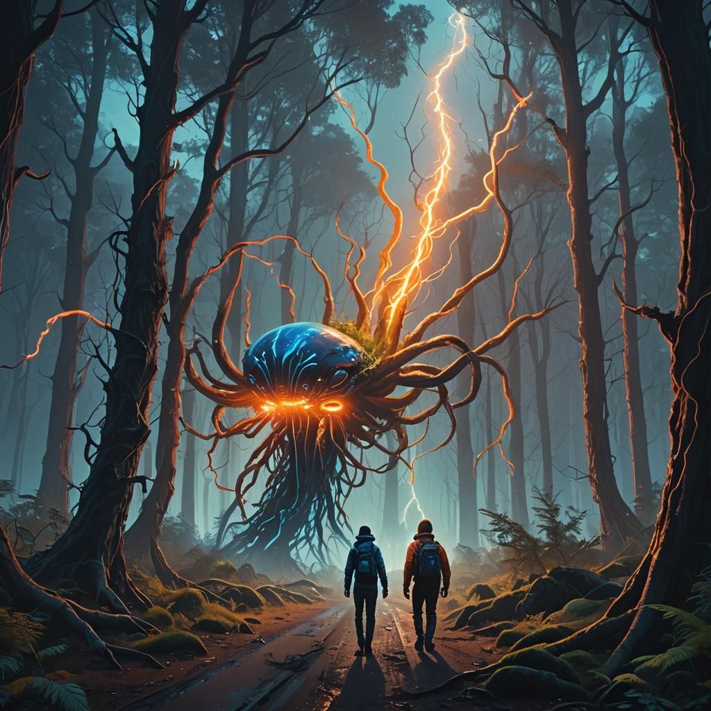 Rainbow Tentacle Aliens in Mystical Forest: Digital Matte Pa...
