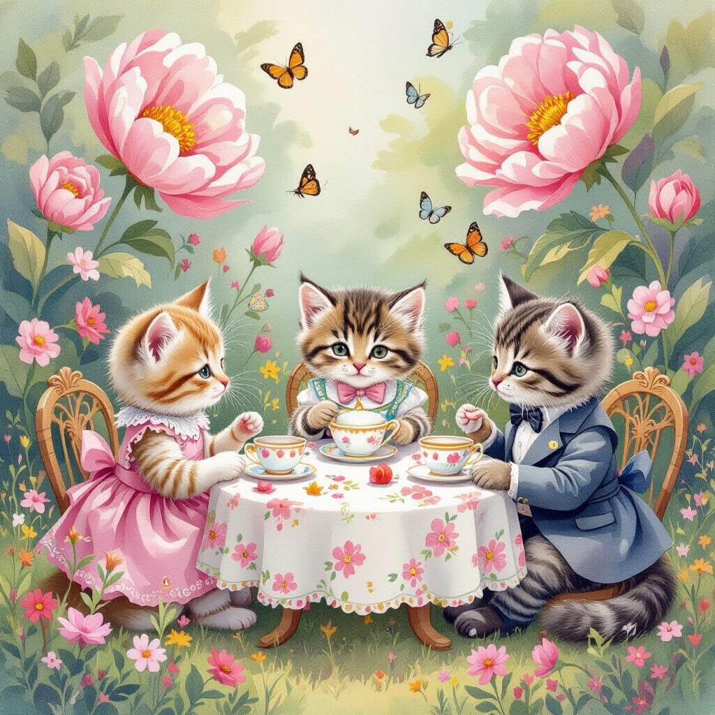 Kittens' Tea Party in Watercolor Garden