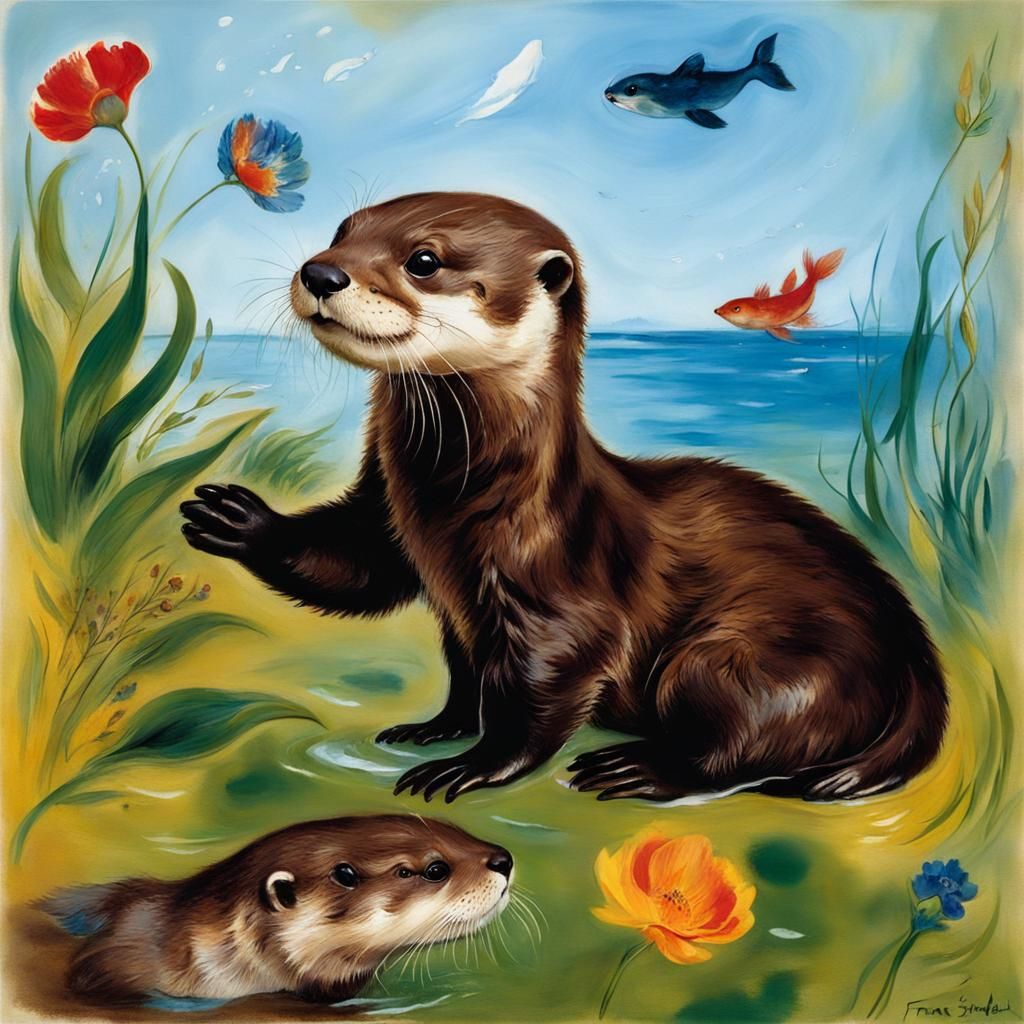 Adorable Otter Runs to Water, Classical Art Style