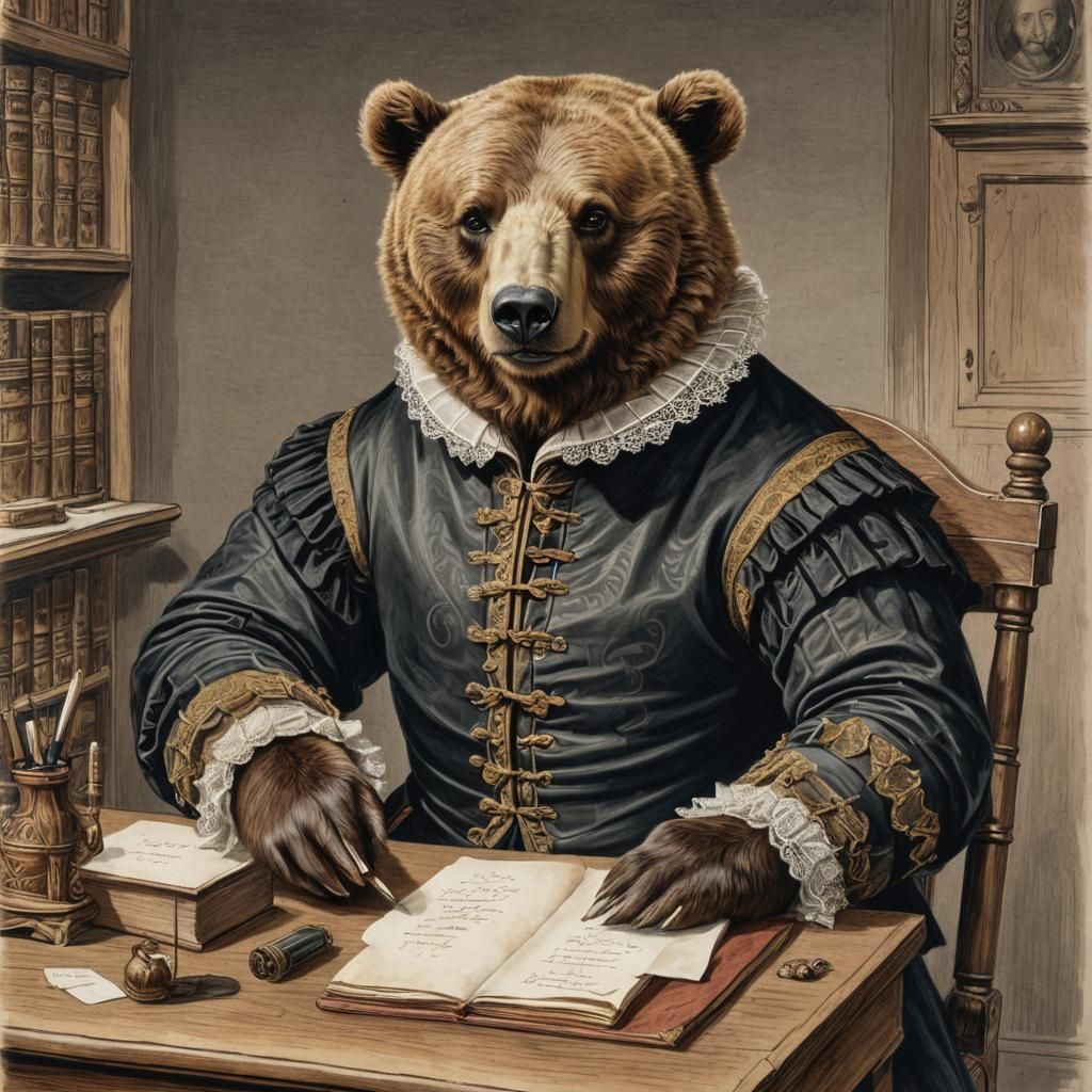 Bear as Shakespeare Writing Plays at Desk