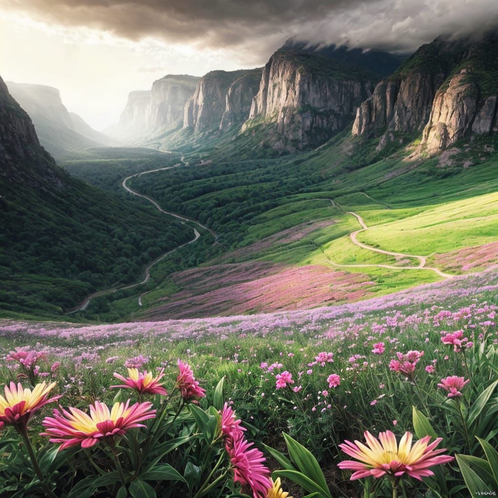 Vivid Flowered Valley Landscape in Hyperrealistic Style