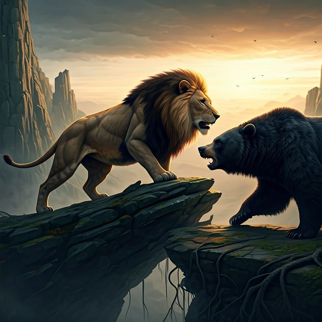 Lion Ready to Pounce on Black Bear