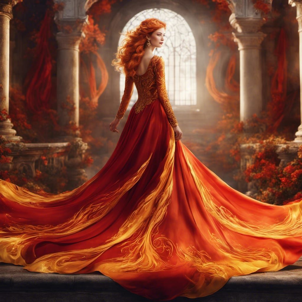 Beautiful Woman in Red Dress in Autumn Garden