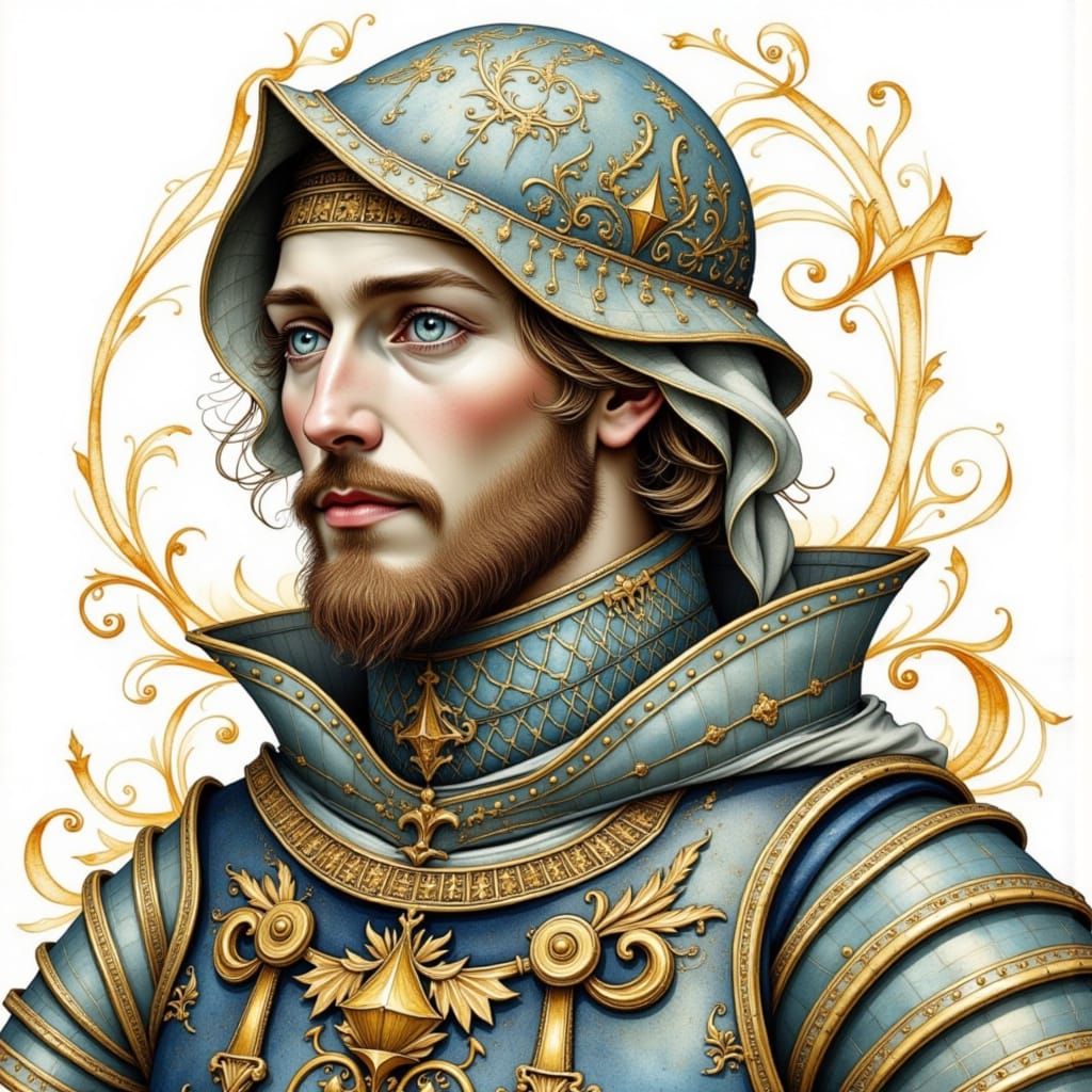 A watercolor portrait of a Medieval knight