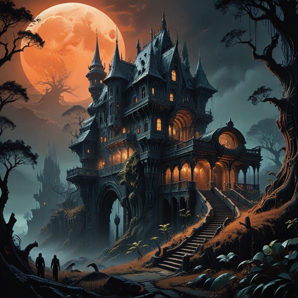 Gothic Mansion Under Blood Orange Moon