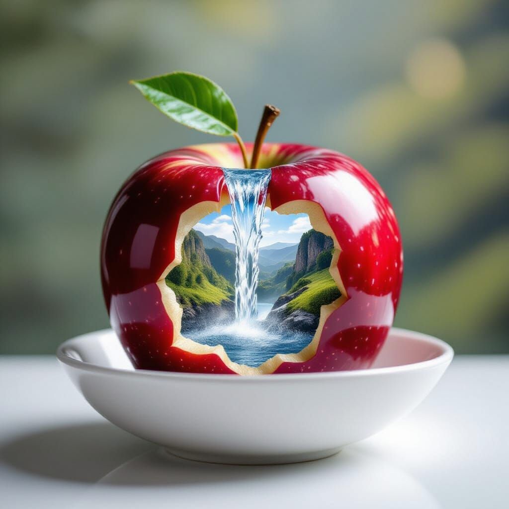 Surreal Apple Waterfall in Hyperrealistic Style