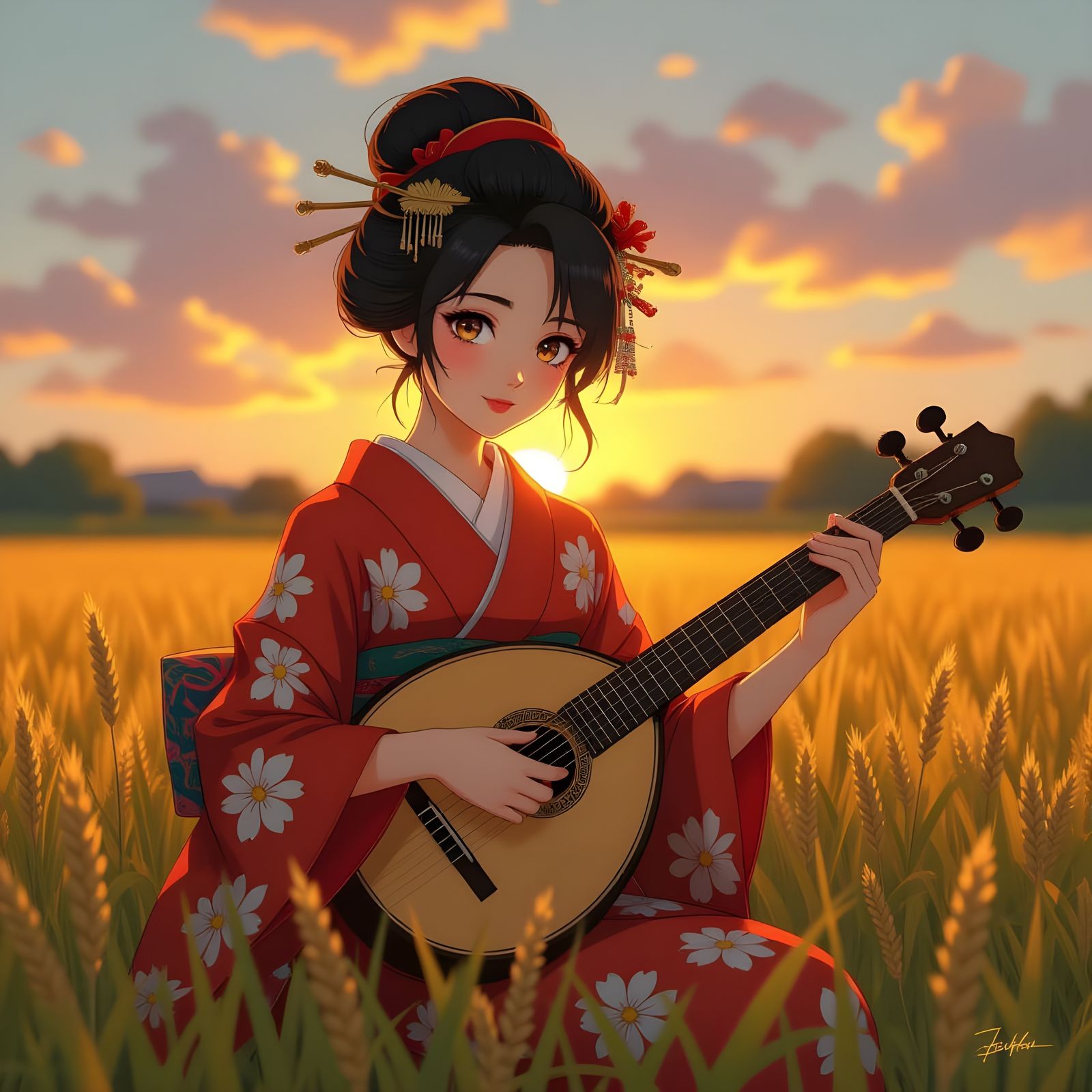 Geisha with Sparkling Eyes Playing Cittern at Sunset in Rice...