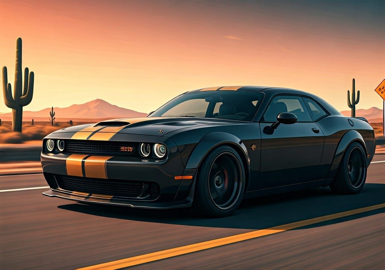 Anime Style Dodge Challenger Hellcat on Desert Highway