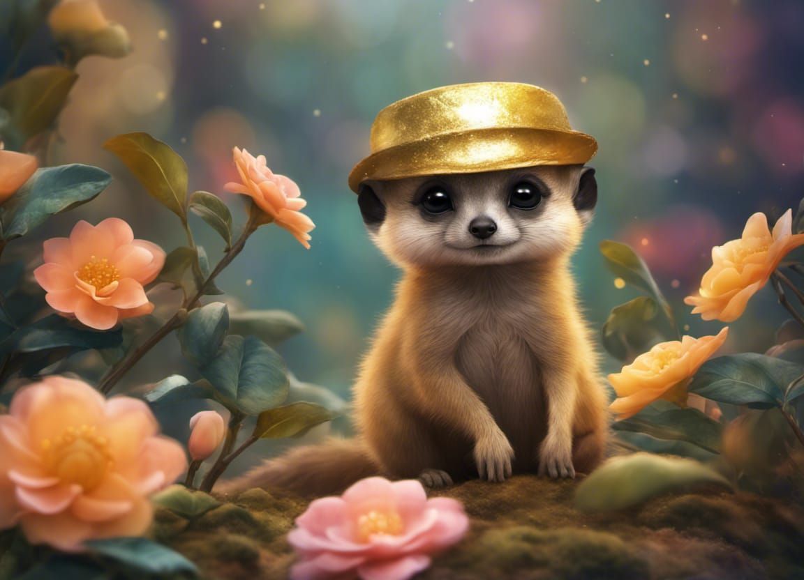 Chibi Meerkat in Fairyland Garden: Fantasy Digital Art