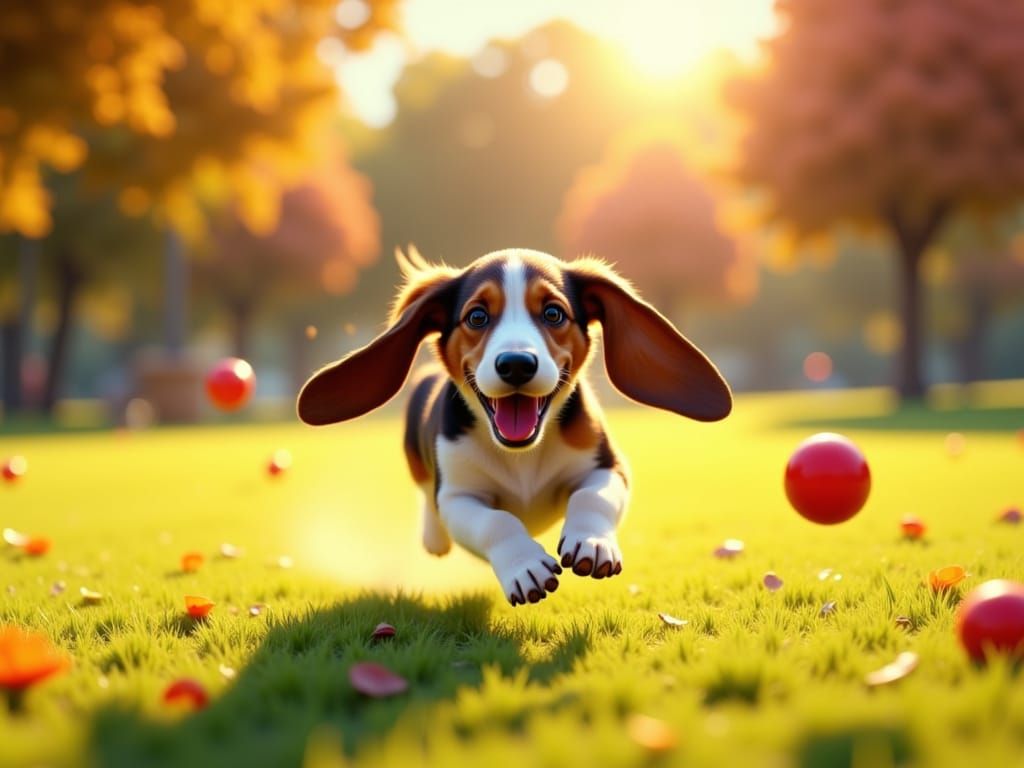 Basset Hound Chasing Ball in Sunlit Park