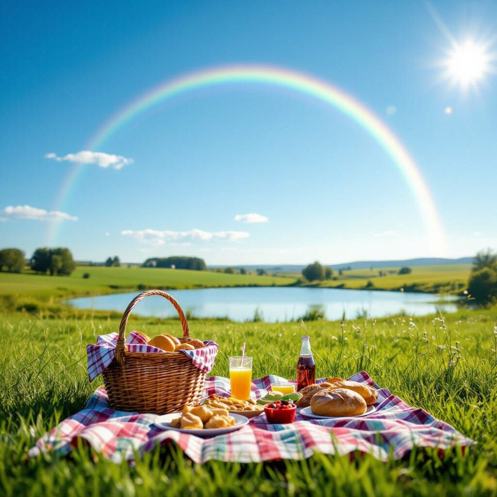 Aerial View of a Serene Picnic Scene with Rainbow
