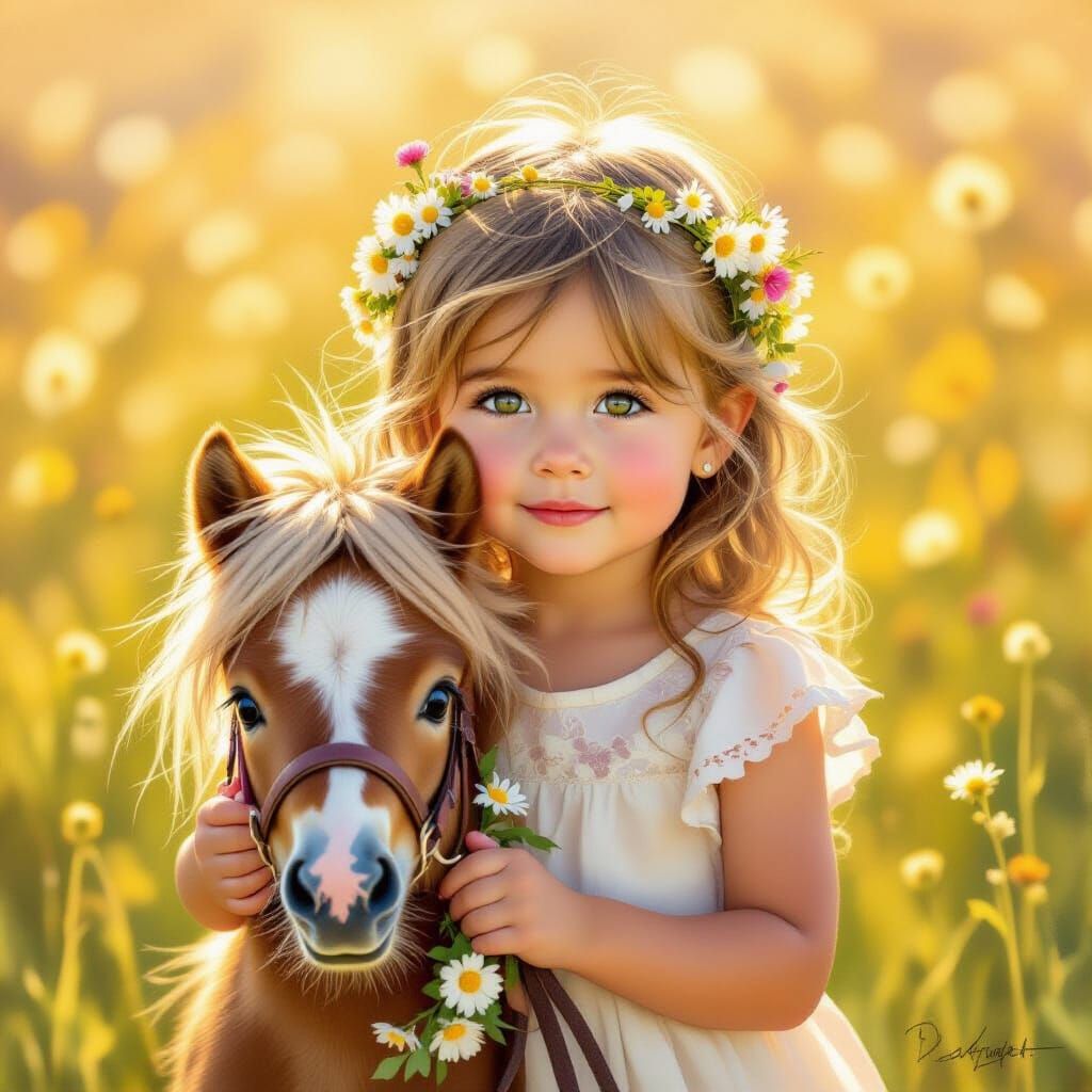 Charming Portrait of Girl with Pony in Sunlit Meadow