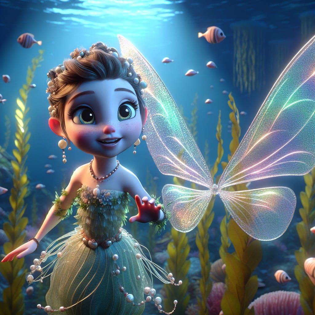 Disney Pixar style 3D adorable undersea fairy, swimming through a kelp forest, under the sea background