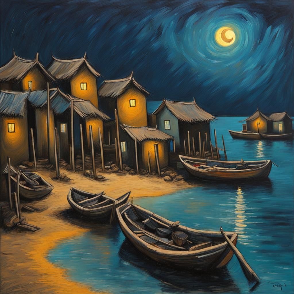 African Village Painting in Post-Impressionist Style