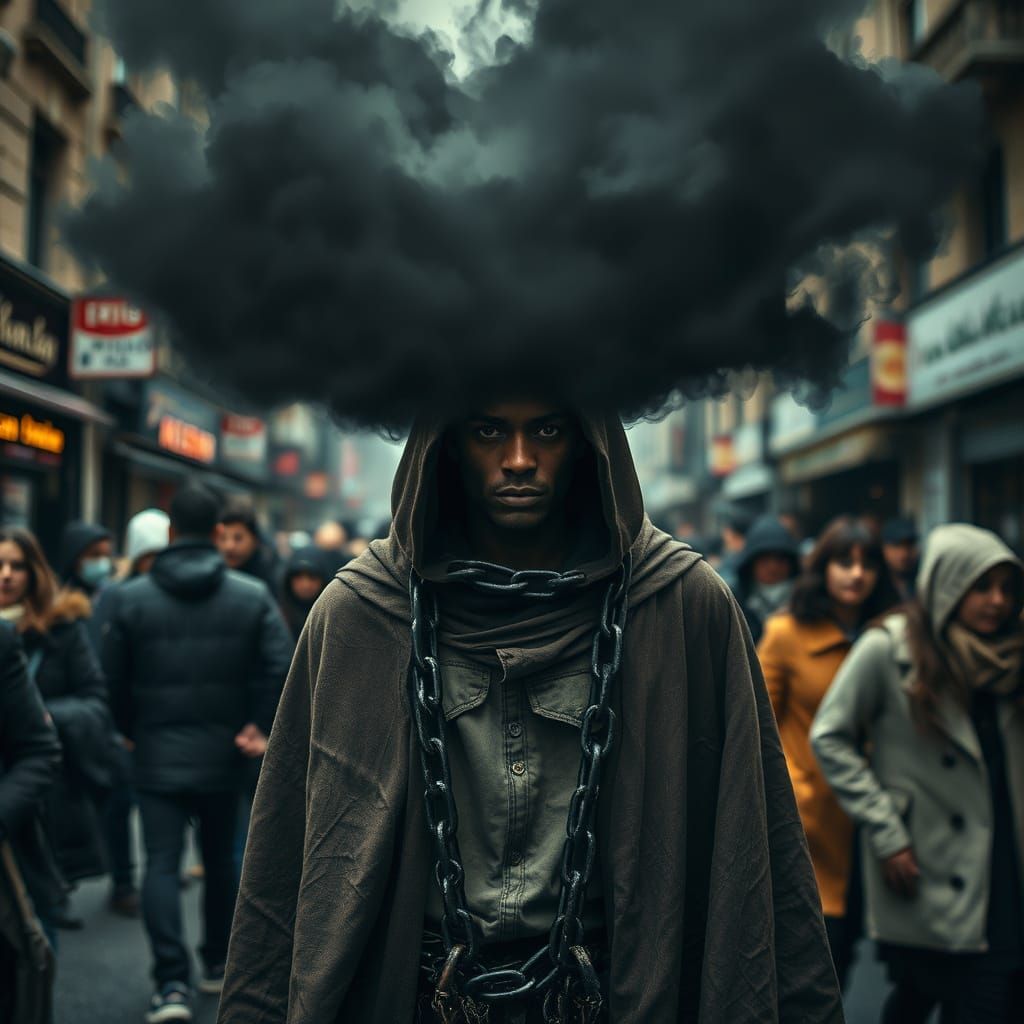 Chained Figure in Cityscape: Somber and Surreal