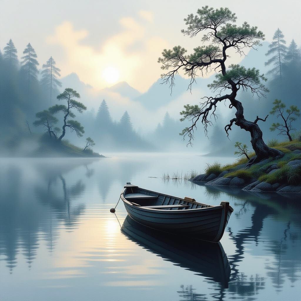 Weathered Fishing Boat on Mist-Shrouded Lake at Dawn