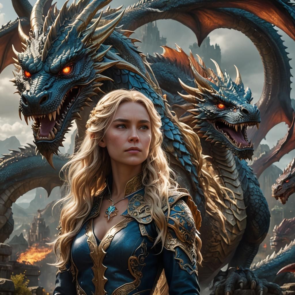 Blonde Woman and Dragon Fantasy Concept Art
