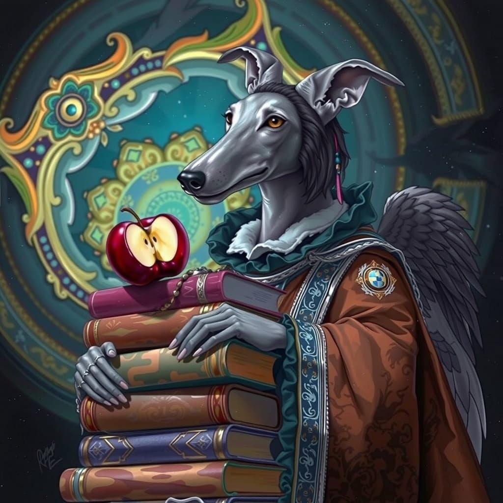 Greyhound Scholar with Wings and Books in Elegant University...