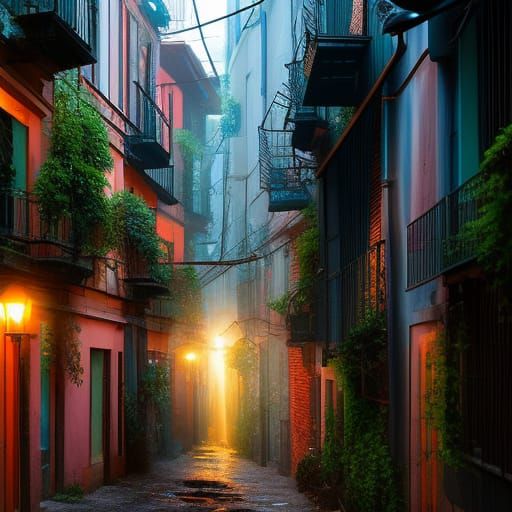 Detailed City Alleyway with Birdcages and Lanterns